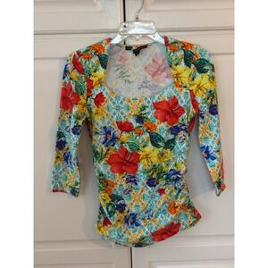 Boston Proper Floral Tile Print Ruched Square Neck 3/4 Sleeve Top Multicolor S